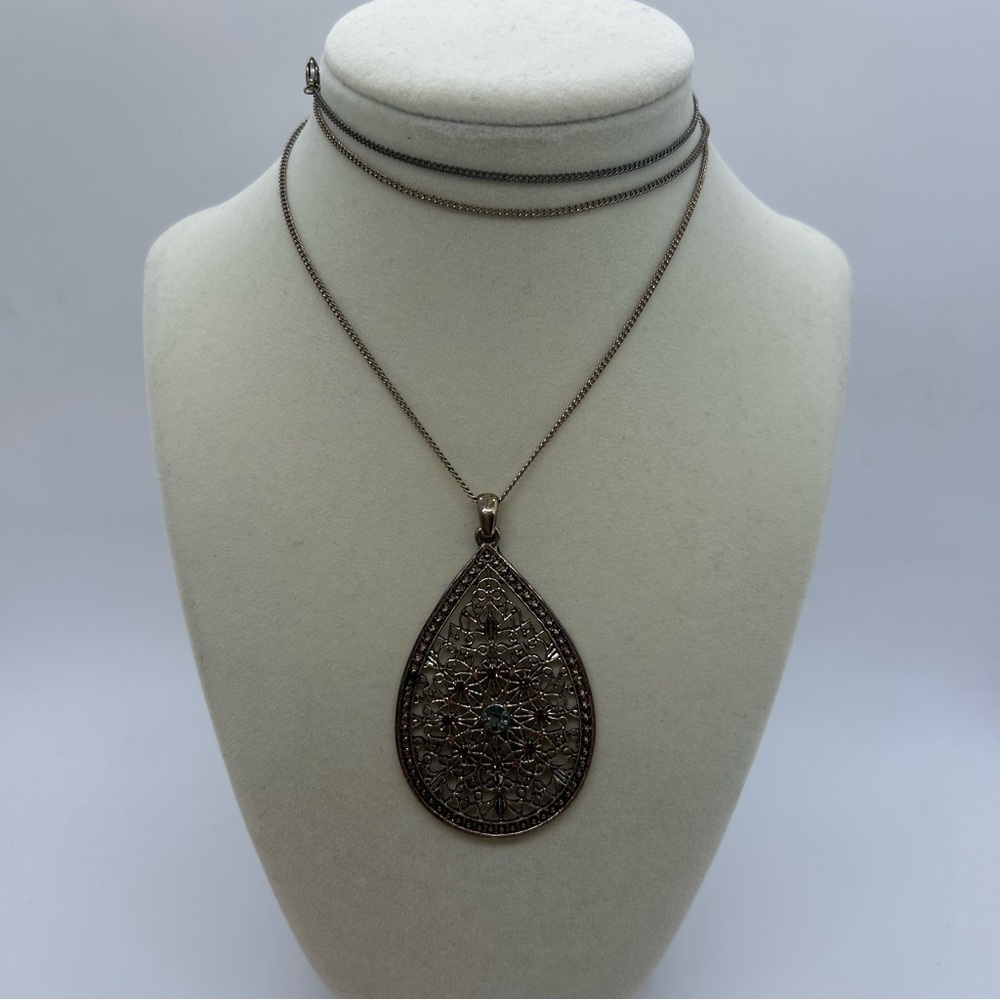 Teardrop Shaped Jeweled Filigree Long Pendant Necklace in Antique Gold